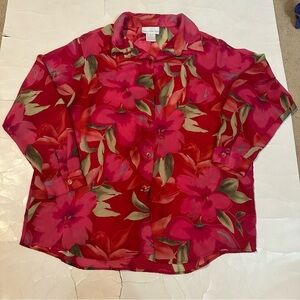 Susan Graver XL Hawaiian Floral Print Polyester Button Down Long Sleeve Casual